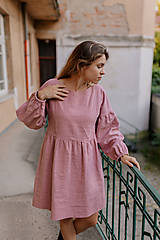 Oblečenie na dojčenie - Ľanové šaty s dlhými PUFF rukávmi - staroružové - 15870628_