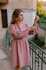 Šaty - Ľanové šaty s dlhými PUFF rukávmi - rôzne farby - 15870670_