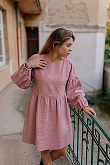 Oblečenie na dojčenie - Ľanové šaty s dlhými PUFF rukávmi - staroružové - 15870628_