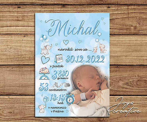 Detská tabuľka, tabuľka pre dieťa s údajmi o narodení dieťatka (Modrá so sloníkmi 27x19)