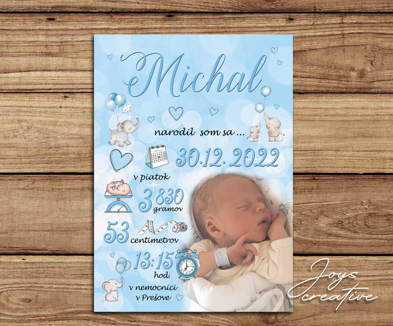 Detská tabuľka, tabuľka pre dieťa s údajmi o narodení dieťatka (Modrá so sloníkmi 27x19)