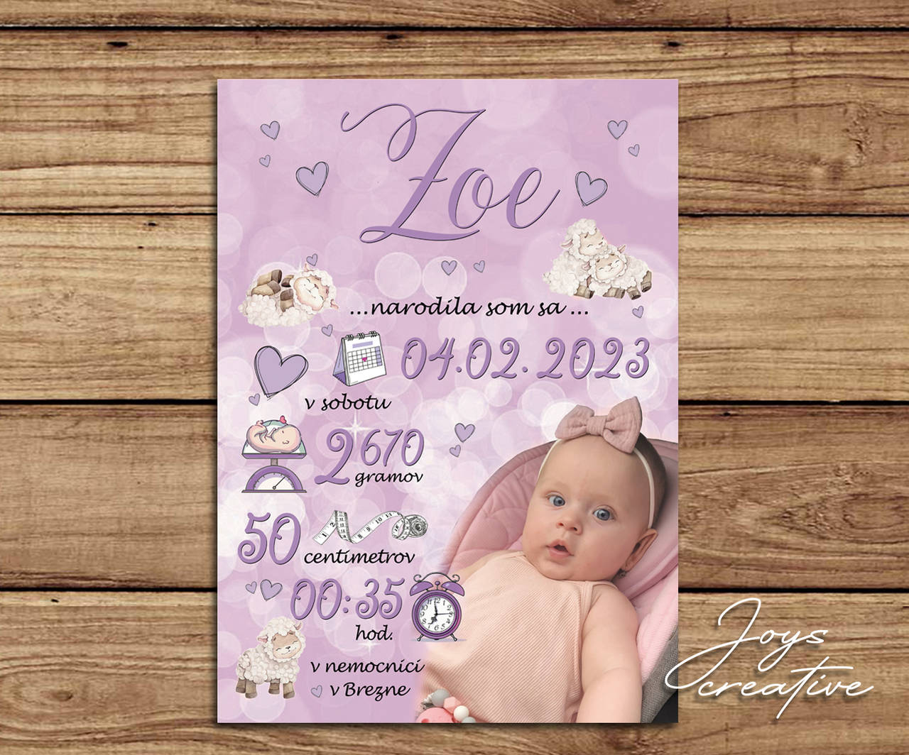 Detská tabuľka, tabuľka pre dieťa s údajmi o narodení dieťatka (Fialová s ovečkami 38x27)