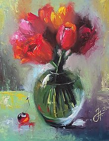 Kresby - Obraz "Tulipány"-olejomaľba, 24x30cm - 15876389_