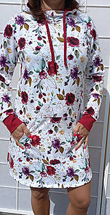 Šaty - Mikinové šaty s kapucí - květy na bílé S - XXXL - 15879703_