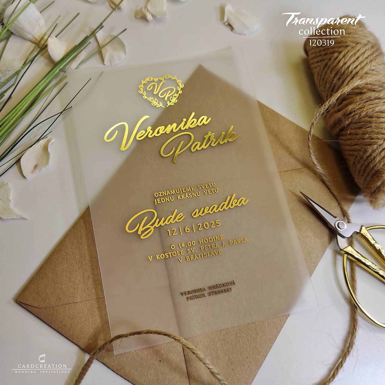 Transparentné svadobné oznámenie - zlatá I20404