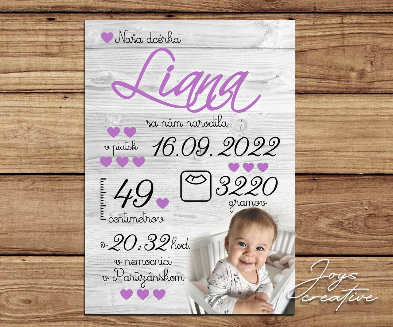 Detská tabuľka, tabuľka pre dieťa s údajmi o narodení dieťatka (Font - písaný 27x19 fialová)