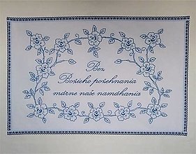 Úžitkový textil - Kuchynská plátená nástenka ručne vyšívaná "Bez Božieho požehnania márne naše namáhania" (modrá) - 15894404_