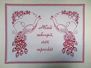 Úžitkový textil - Kuchynská plátená nástenka ručne vyšívaná "Mládí nekoupíš, stáří neprodáš." (červená) - 15896054_