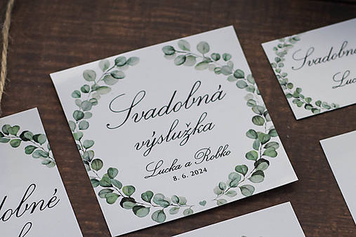 Úložné priestory & Organizácia - Svadobné etikety na fľaše/výslužku - Eukalyptus venček (Etiketa výslužka 8x8cm) - 15897292_