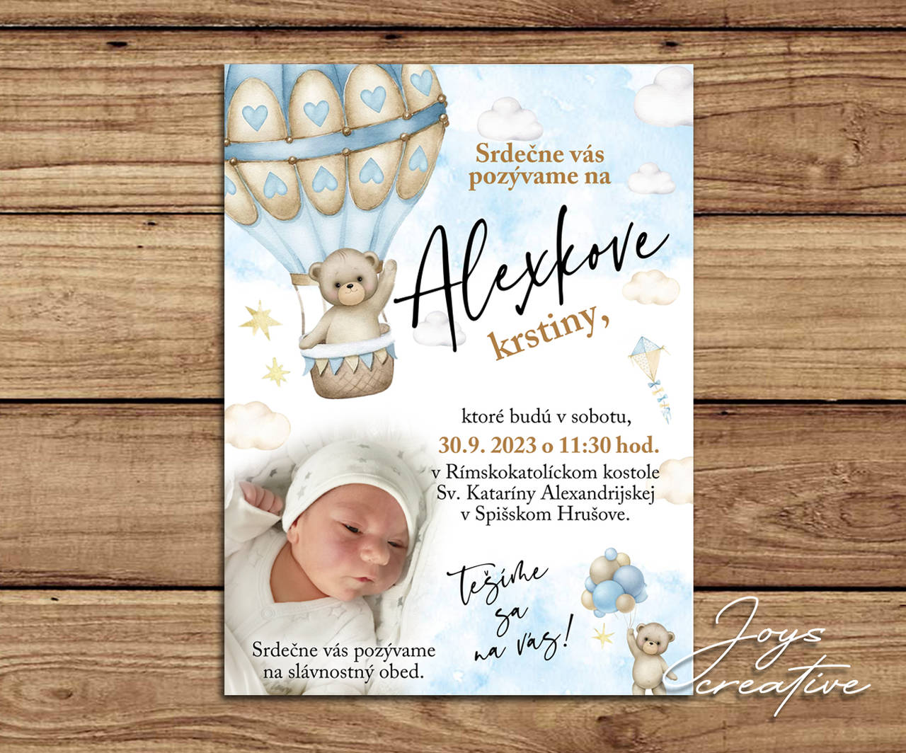 Pozvánka na krstiny s fotkou v dizajne s makom a vzdušným balónom