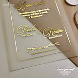Papiernictvo - Transparentné svadobné oznámenia - zlatá na mliečnom plaste I20320 - 15901771_