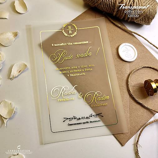 Transparentné svadobné oznámenia - zlatá na mliečnom plaste I20320