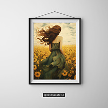 Obrazy - Vitage plagát Dievča v slnečnicovom poli - 15902749_