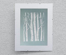 Grafika - Biele brezy -  linoryt (Modré pozadie s rámom) - 15914472_