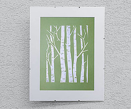 Grafika - Biele brezy -  linoryt (Zelené pozadie s rámom) - 15914475_
