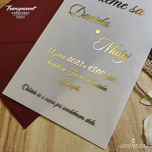 Transparentné svadobné oznámenia - zlatá na mliečnom plaste I23011