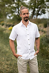 Pánske oblečenie - Ľanová košeľa Leslav biela s krátkym rukávom - 15919061_