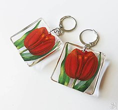 Náušnice - Červené štvorcové náušnice zo živice s tulipánmi - chirurgická oceľ - 15918845_