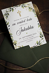 Papiernictvo - Pozvánka na krst "Zelený venček & zlatý krížik" - 15921323_