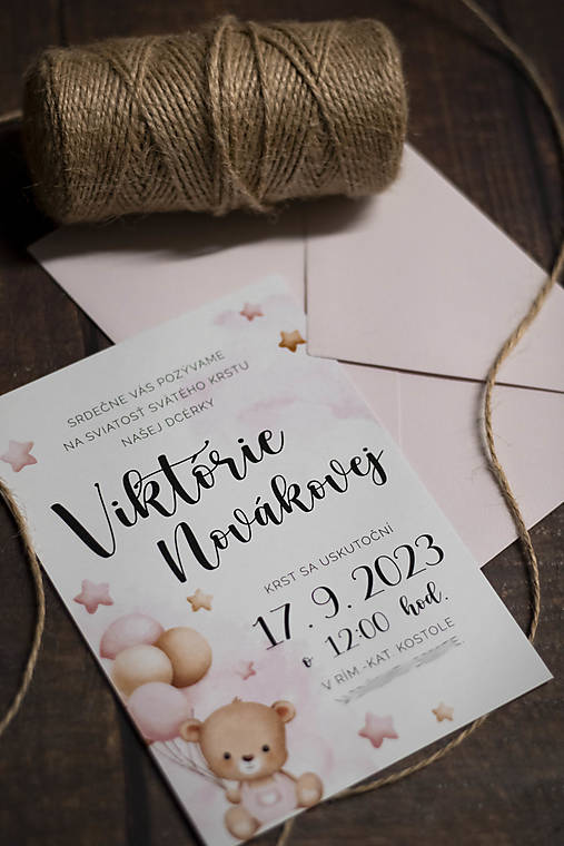 Papiernictvo - Pozvánka na krst / oslavu  - "Ružová & medvedík " - 15921328_
