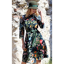 Šaty - Leona - košeľové šaty s kvetmi na zelenej, 3/4 rukáv - 15924070_