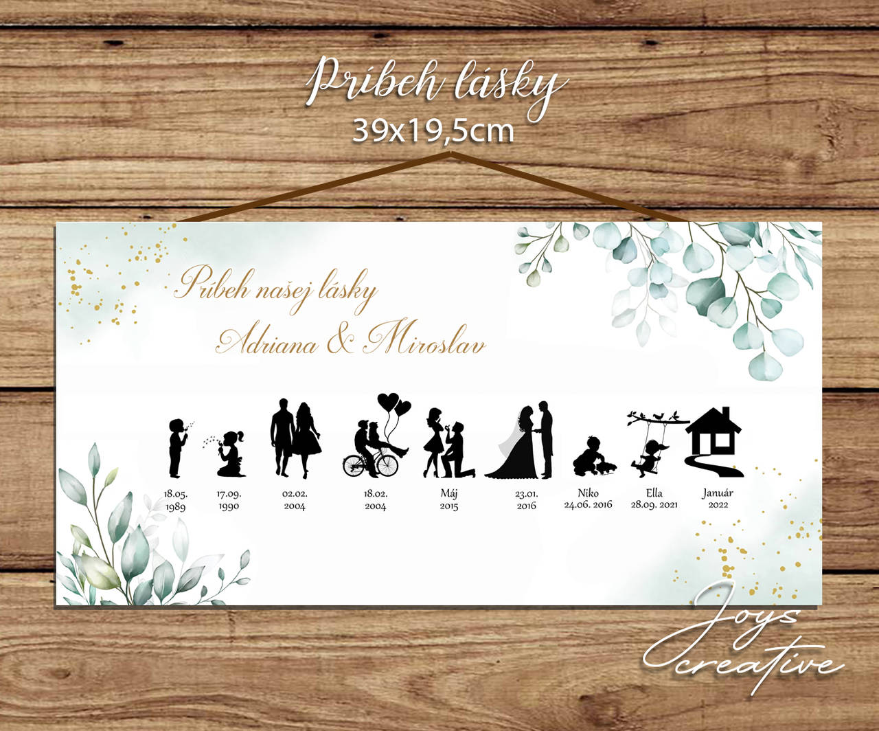 Časová os - Príbeh lásky nové dizajny 39x19,5cm (greenery s eukalyptom a trblietkami)
