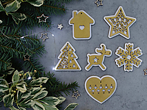 Dekorácie - Drevené Vianočné ozdoby SET 6ks (Zlatá metalická) - 15927190_