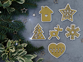 Dekorácie - Drevené Vianočné ozdoby SET 6ks (Zlatá metalická) - 15927190_