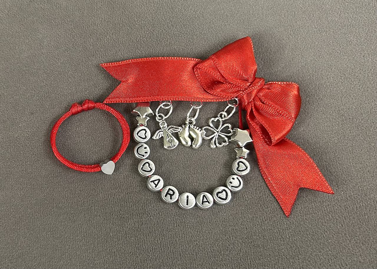 Set proti urieknutiu pre bábätko - mašlička na kočík/vajíčko + náramok so srdiečkom z chirurgickej ocele