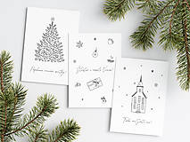 Set 3 vianočných pohľadníc - Vianočný stromček a Kostol