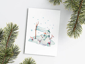 Papiernictvo - Vianočná pohľadnica - Snehuliak a Darčeky - 15931925_