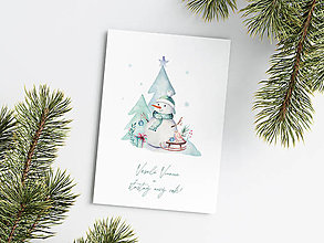 Papiernictvo - Vianočná pohľadnica - Snehuliak a Sánky - 15932184_