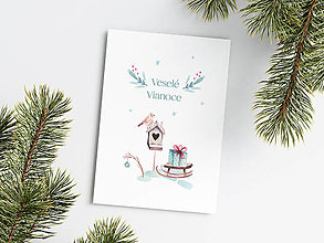Papiernictvo - Vianočná pohľadnica - Vtáčik a Darček - 15932190_