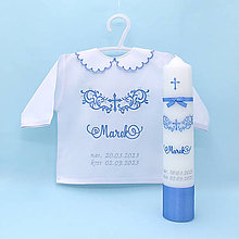 Detské oblečenie - Modrá košieľka s rustikálnym ornamentom a krížikom (set košieľka + sviečka + darčeková krabica) - 15936633_