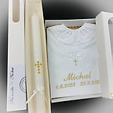 Detské oblečenie - Košieľka na krst k42 biela zlatá v darčekovej krabičke + krstová sviečka zlatý krížik - 15937817_