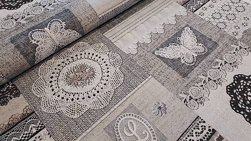 Textil - Látka vintage vzor v režnom tóne (Krajka,srdiečka,madeira/šedohnedá) - 15942541_