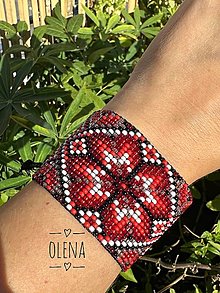 Náramky - Náramok tkaný z rokajlových korálok Preciosa, slovanský etnický ornament, ručná výroba - 15943044_