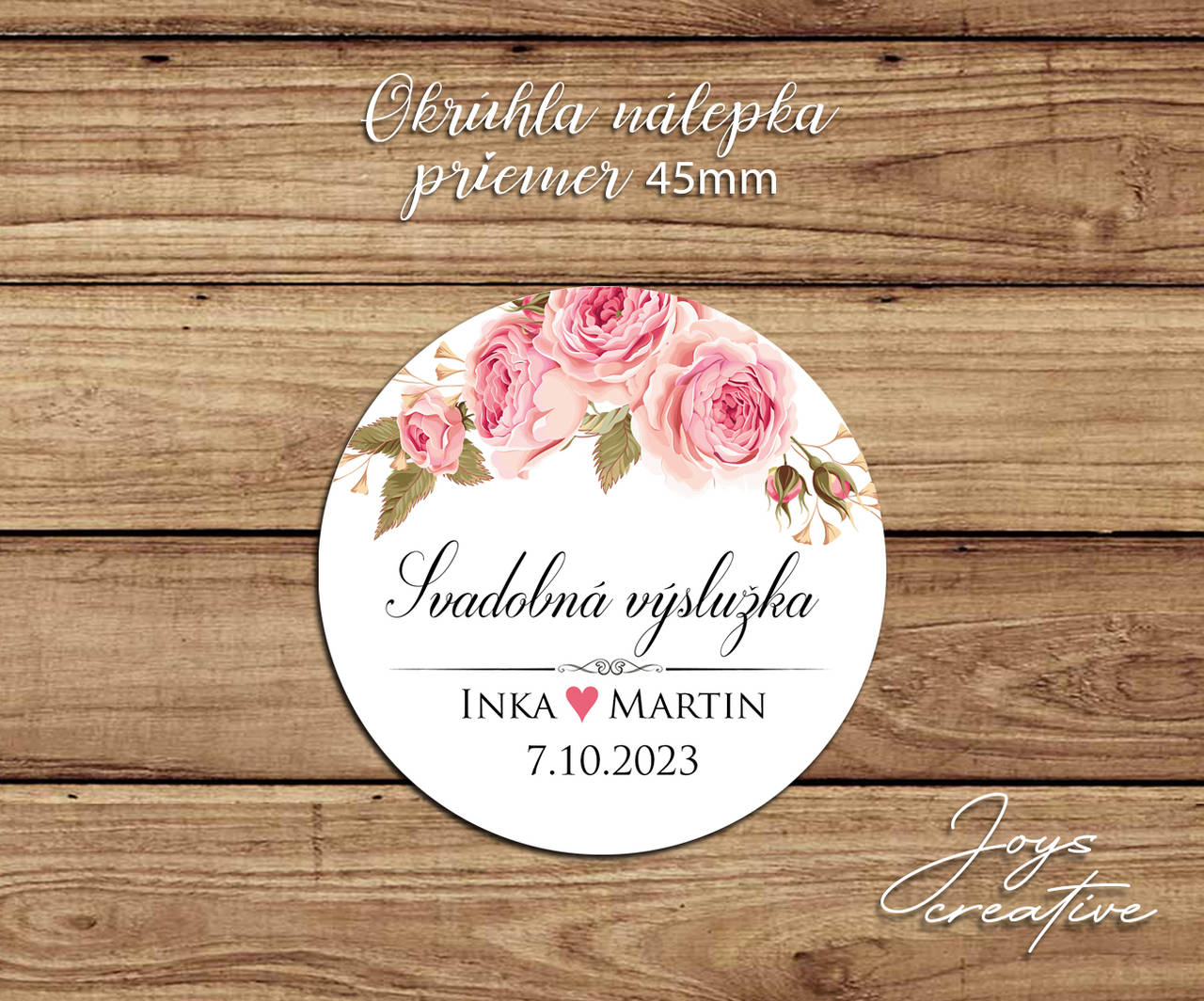 Okrúhle nálepky s dizajnom s ružovými pivonkami, na výslužky, obaly, potraviny, priemer 45mm A05