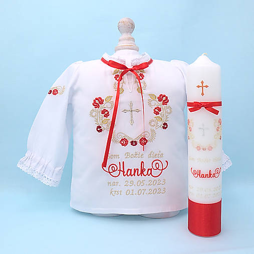 Detské oblečenie - Folklórna košieľka na krst zlato červená - 15953320_