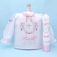 Detské oblečenie - Folklórna košieľka na krst strieborno ružová (set košieľka + sviečka + darčeková krabica) - 15952178_