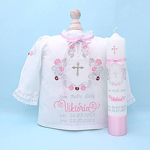 Detské oblečenie - Folklórna košieľka na krst strieborno ružová (set košieľka + SBD + sviečka + darčeková krabica) - 15952180_