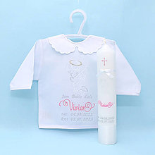 Detské oblečenie - Ružovo biela vyšívaná košieľka na krst "Anjelik" (set košieľka + sviečka + darčeková krabica) - 15953233_