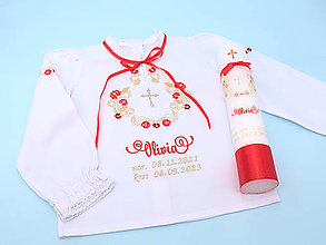 Detské oblečenie - Folklórna košieľka na krst zlato červená (košieľka) - 15953323_