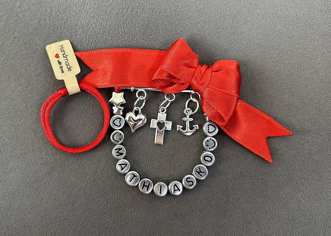 Set proti urieknutiu pre bábätko - mašlička/stužka na kočík/vajíčko “srdce, kotva, kríž” s menom + náramok