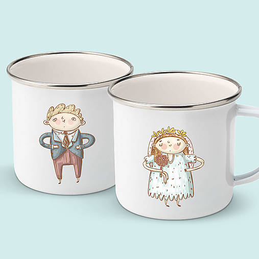 Nádoby - SVADOBNÝ set smaltovaných hrnčekov s ľubovoľnými menami na zadnej strane - 15969896_