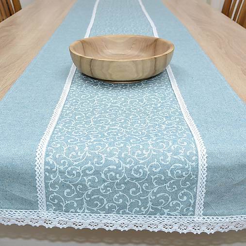 Úžitkový textil - PASTEL - biele ornamenty na pastelovej modrej - behúň - 15970911_
