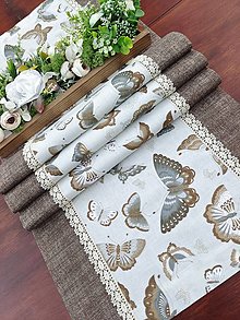Úžitkový textil - Štola - motýliky na šedej v kombinácii s hnedou - 15981376_