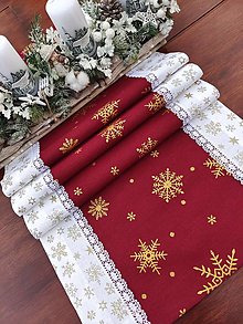 Úžitkový textil - Štola vianočná - zlaté vločky na bordovej v kombinácii so zlatými vločkami na bielej - 15981387_