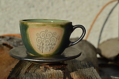 Nádoby - Šálka zelená medienková, espresso, s kvetinkami, cca. 1 dcl. - 15982179_