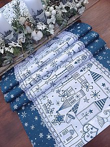 Úžitkový textil - Štola vianočná - petrolejová vianočná dedinka na bielej v kombinácii s bielymi vločkami na petrolejovej - 15981502_